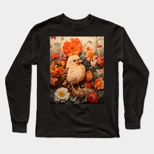 Retro Vintage Art Style Baby Chick surrounded in by Flowers - Whimsical Nature Design Long Sleeve T-Shirt